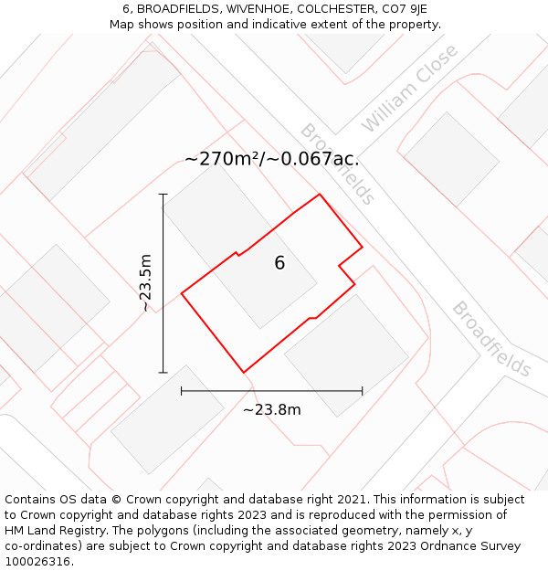 6, BROADFIELDS, WIVENHOE, COLCHESTER, CO7 9JE: Plot and title map