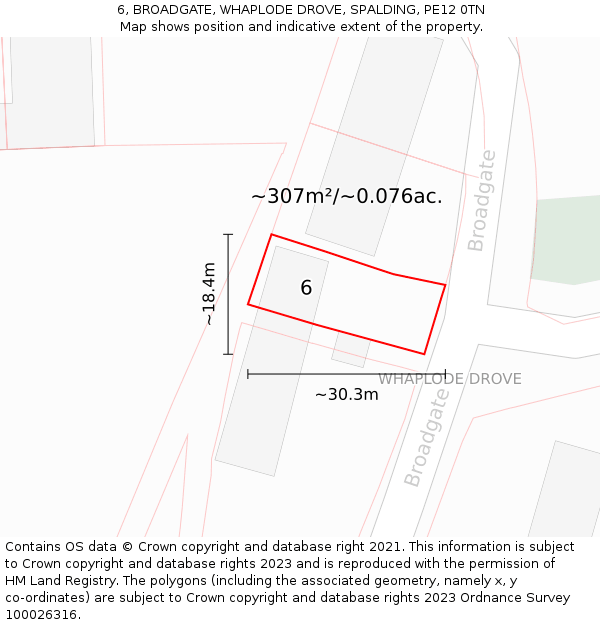 6, BROADGATE, WHAPLODE DROVE, SPALDING, PE12 0TN: Plot and title map