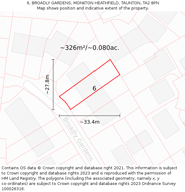 6, BROADLY GARDENS, MONKTON HEATHFIELD, TAUNTON, TA2 8PN: Plot and title map