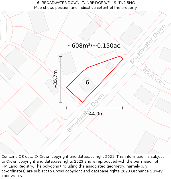 6, BROADWATER DOWN, TUNBRIDGE WELLS, TN2 5NG: Plot and title map