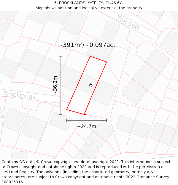 6, BROCKLANDS, YATELEY, GU46 6YU: Plot and title map