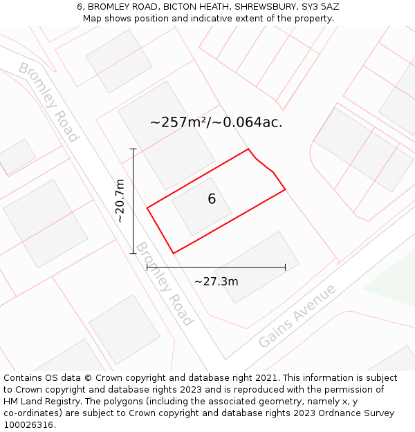 6, BROMLEY ROAD, BICTON HEATH, SHREWSBURY, SY3 5AZ: Plot and title map
