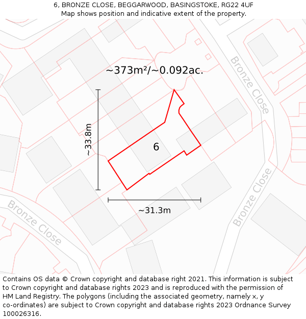 6, BRONZE CLOSE, BEGGARWOOD, BASINGSTOKE, RG22 4UF: Plot and title map
