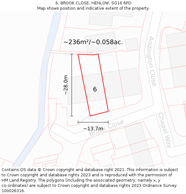 6, BROOK CLOSE, HENLOW, SG16 6PD: Plot and title map