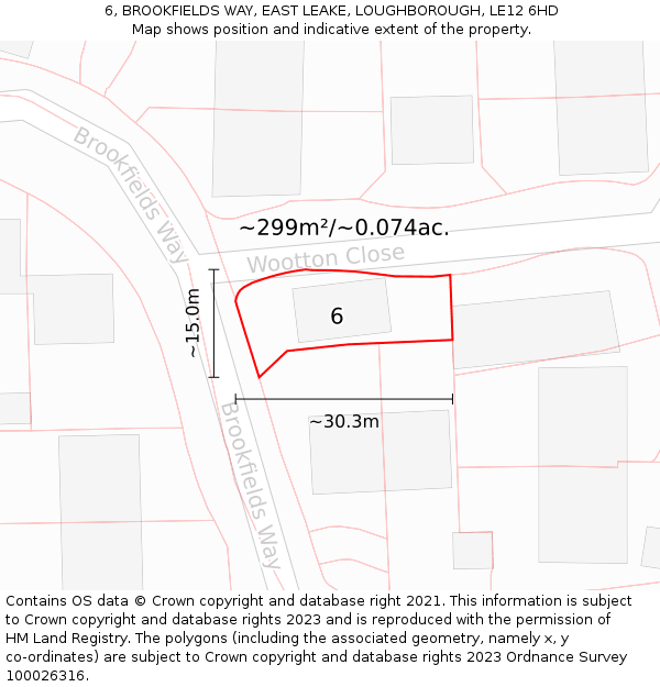 6, BROOKFIELDS WAY, EAST LEAKE, LOUGHBOROUGH, LE12 6HD: Plot and title map