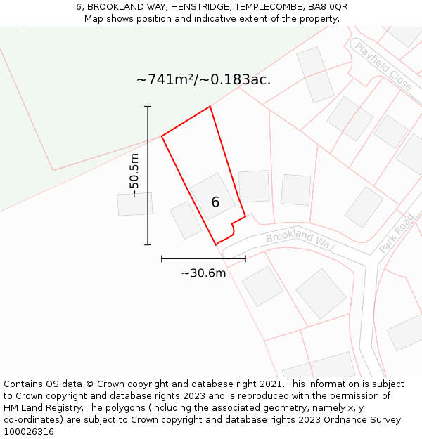 6, BROOKLAND WAY, HENSTRIDGE, TEMPLECOMBE, BA8 0QR: Plot and title map