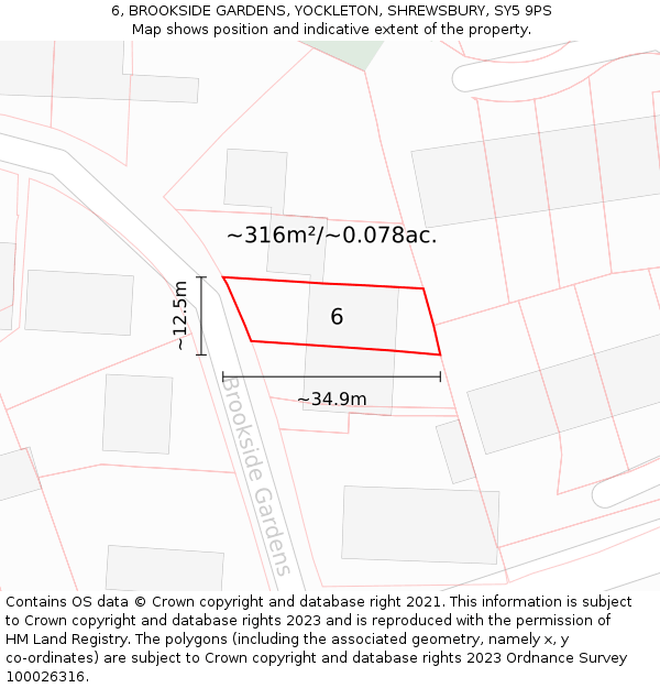 6, BROOKSIDE GARDENS, YOCKLETON, SHREWSBURY, SY5 9PS: Plot and title map
