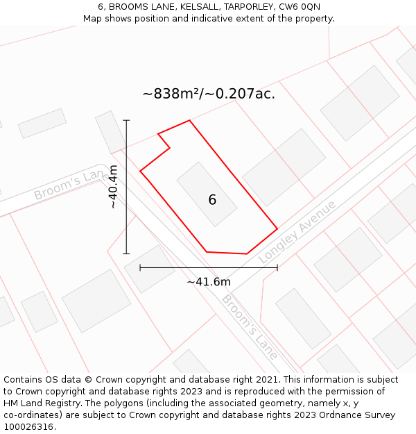 6, BROOMS LANE, KELSALL, TARPORLEY, CW6 0QN: Plot and title map