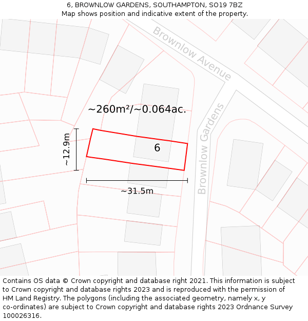 6, BROWNLOW GARDENS, SOUTHAMPTON, SO19 7BZ: Plot and title map