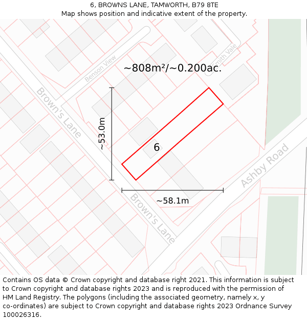 6, BROWNS LANE, TAMWORTH, B79 8TE: Plot and title map