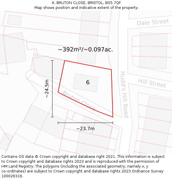 6, BRUTON CLOSE, BRISTOL, BS5 7QF: Plot and title map
