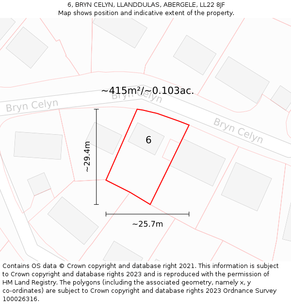 6, BRYN CELYN, LLANDDULAS, ABERGELE, LL22 8JF: Plot and title map