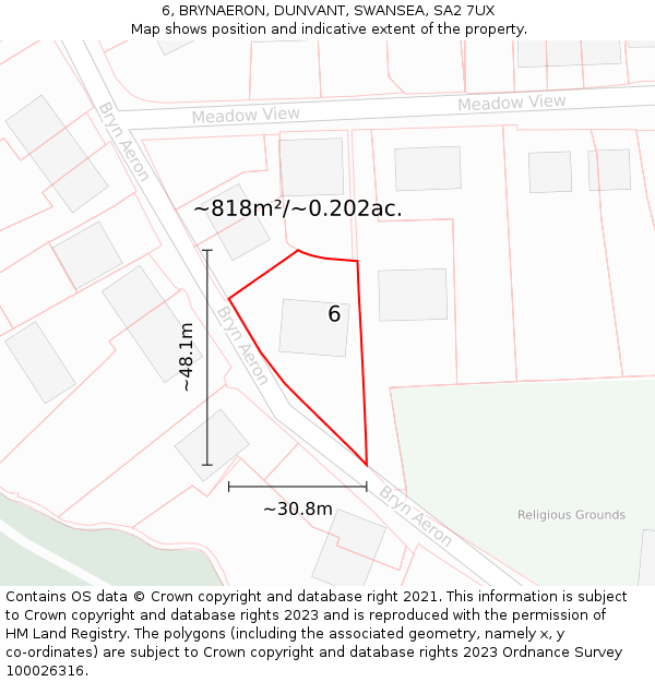 6, BRYNAERON, DUNVANT, SWANSEA, SA2 7UX: Plot and title map