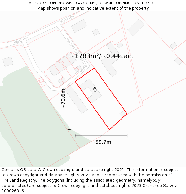 6, BUCKSTON BROWNE GARDENS, DOWNE, ORPINGTON, BR6 7FF: Plot and title map