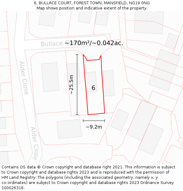 6, BULLACE COURT, FOREST TOWN, MANSFIELD, NG19 0NG: Plot and title map
