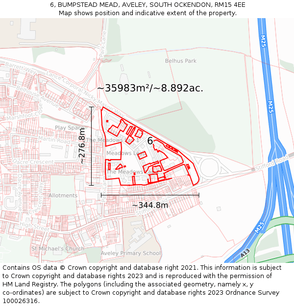 6, BUMPSTEAD MEAD, AVELEY, SOUTH OCKENDON, RM15 4EE: Plot and title map