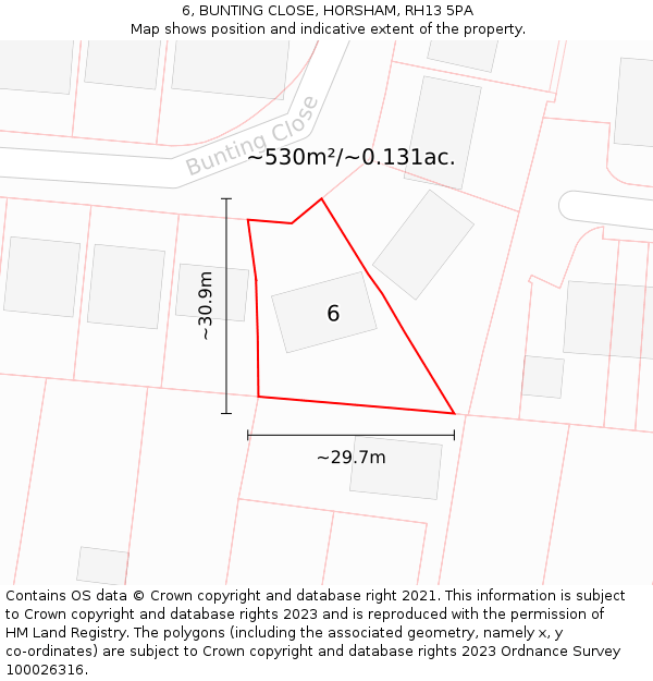 6, BUNTING CLOSE, HORSHAM, RH13 5PA: Plot and title map