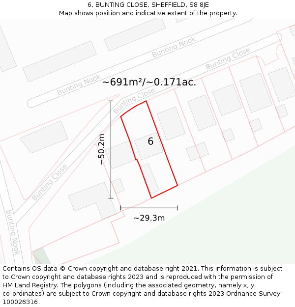 6, BUNTING CLOSE, SHEFFIELD, S8 8JE: Plot and title map