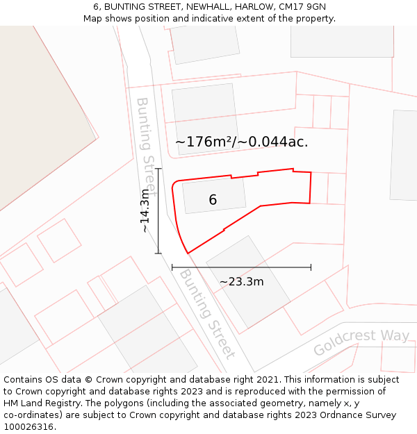 6, BUNTING STREET, NEWHALL, HARLOW, CM17 9GN: Plot and title map