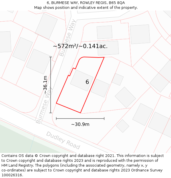 6, BURMESE WAY, ROWLEY REGIS, B65 8QA: Plot and title map