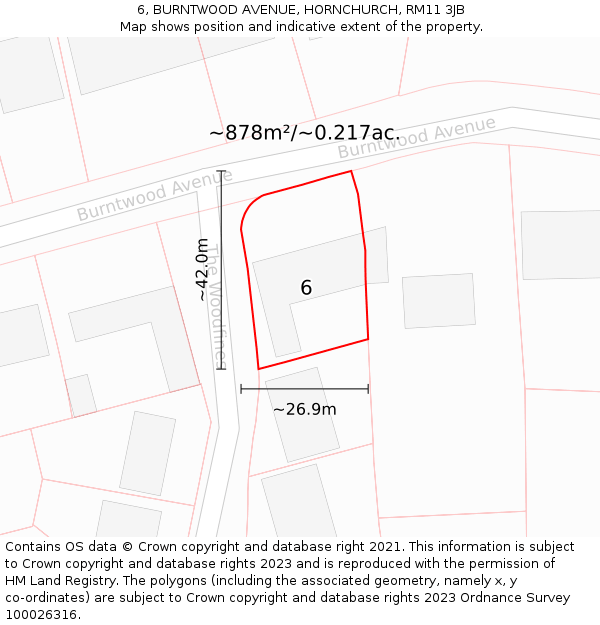 6, BURNTWOOD AVENUE, HORNCHURCH, RM11 3JB: Plot and title map