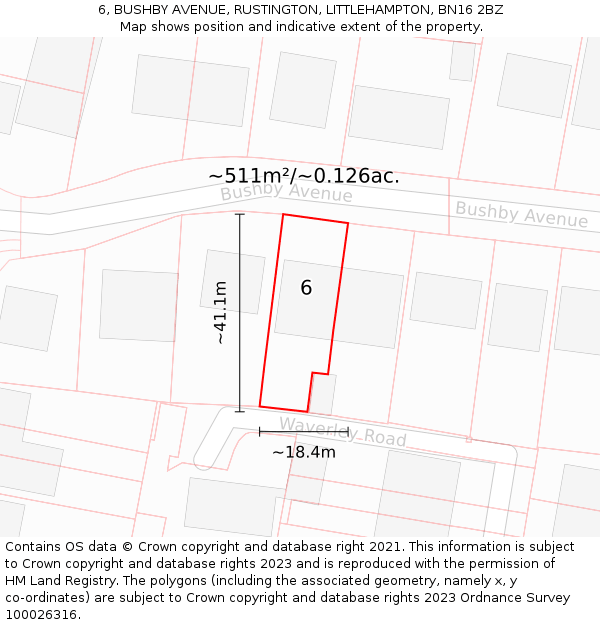 6, BUSHBY AVENUE, RUSTINGTON, LITTLEHAMPTON, BN16 2BZ: Plot and title map