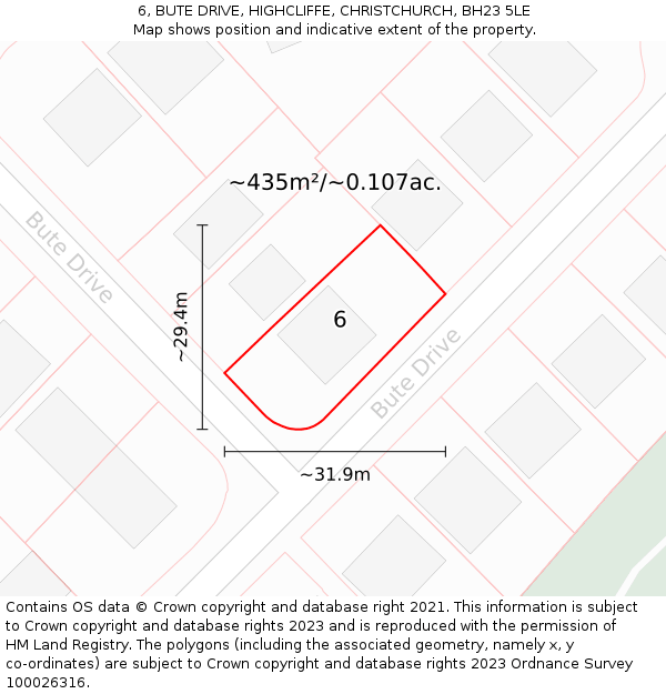 6, BUTE DRIVE, HIGHCLIFFE, CHRISTCHURCH, BH23 5LE: Plot and title map