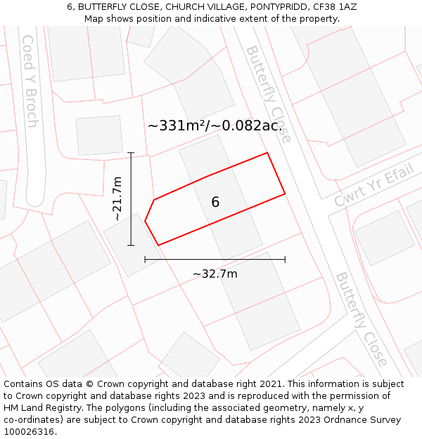 6, BUTTERFLY CLOSE, CHURCH VILLAGE, PONTYPRIDD, CF38 1AZ: Plot and title map