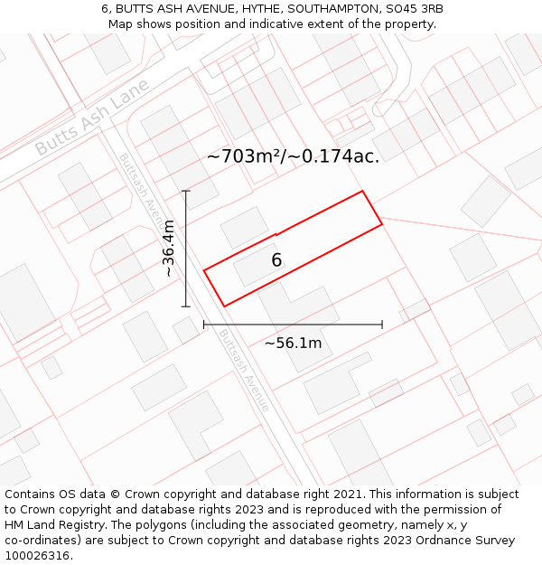 6, BUTTS ASH AVENUE, HYTHE, SOUTHAMPTON, SO45 3RB: Plot and title map