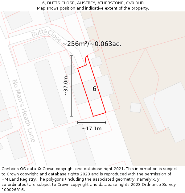 6, BUTTS CLOSE, AUSTREY, ATHERSTONE, CV9 3HB: Plot and title map