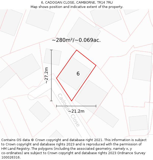 6, CADOGAN CLOSE, CAMBORNE, TR14 7RU: Plot and title map