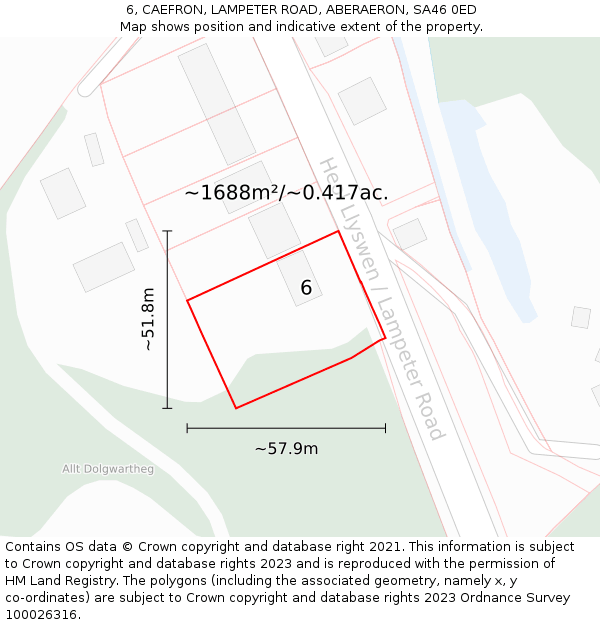 6, CAEFRON, LAMPETER ROAD, ABERAERON, SA46 0ED: Plot and title map