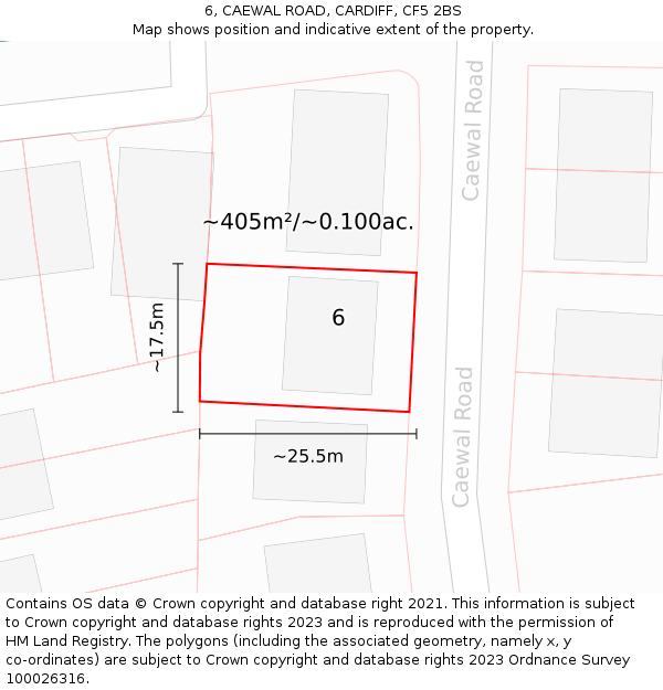 6, CAEWAL ROAD, CARDIFF, CF5 2BS: Plot and title map