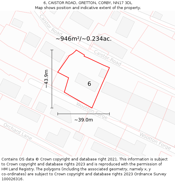 6, CAISTOR ROAD, GRETTON, CORBY, NN17 3DL: Plot and title map