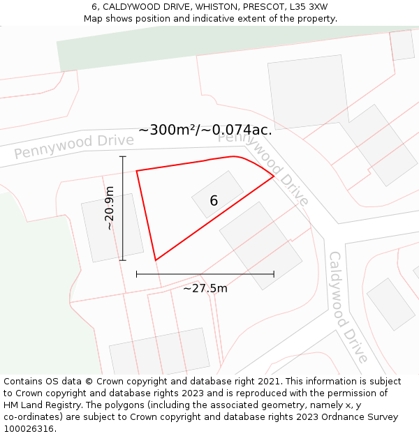 6, CALDYWOOD DRIVE, WHISTON, PRESCOT, L35 3XW: Plot and title map