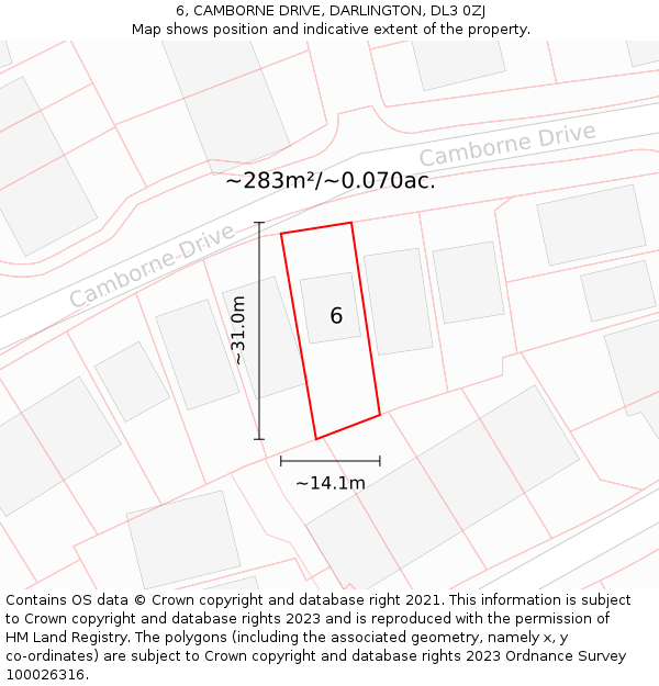 6, CAMBORNE DRIVE, DARLINGTON, DL3 0ZJ: Plot and title map