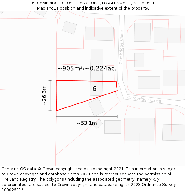 6, CAMBRIDGE CLOSE, LANGFORD, BIGGLESWADE, SG18 9SH: Plot and title map