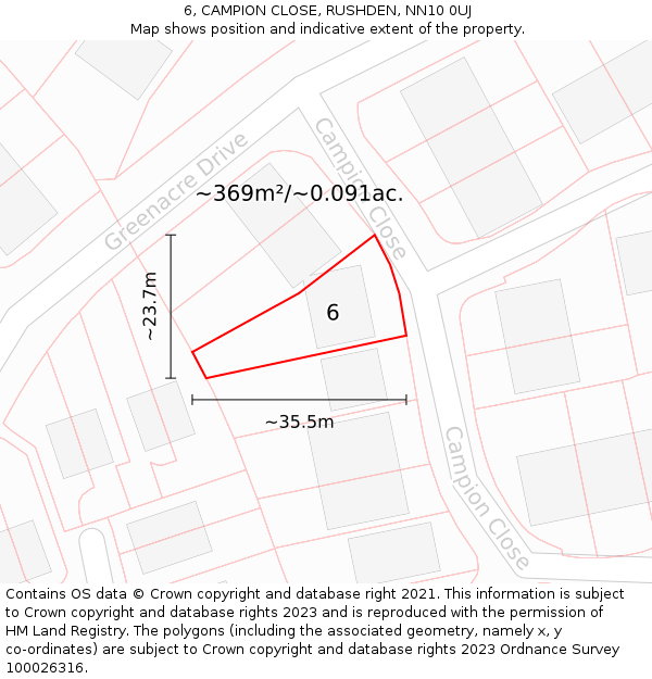 6, CAMPION CLOSE, RUSHDEN, NN10 0UJ: Plot and title map