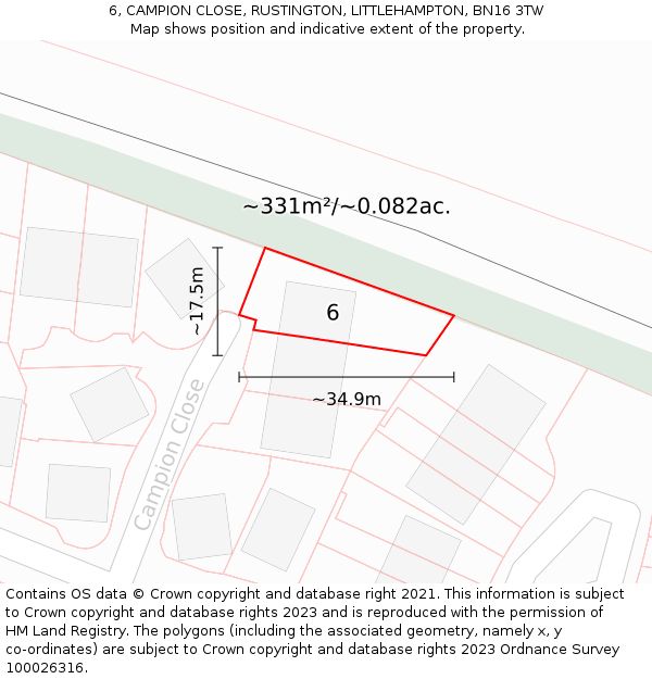 6, CAMPION CLOSE, RUSTINGTON, LITTLEHAMPTON, BN16 3TW: Plot and title map