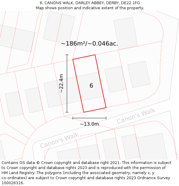 6, CANONS WALK, DARLEY ABBEY, DERBY, DE22 1FG: Plot and title map
