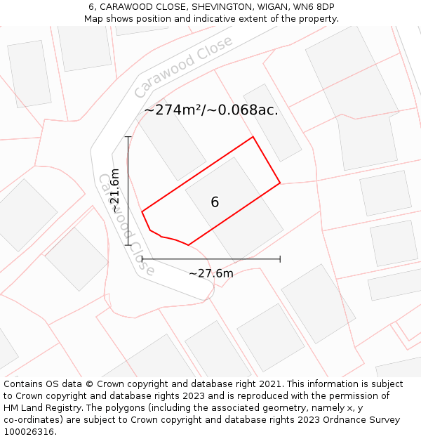 6, CARAWOOD CLOSE, SHEVINGTON, WIGAN, WN6 8DP: Plot and title map