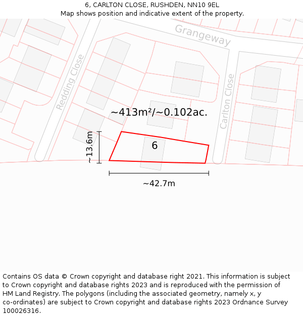 6, CARLTON CLOSE, RUSHDEN, NN10 9EL: Plot and title map