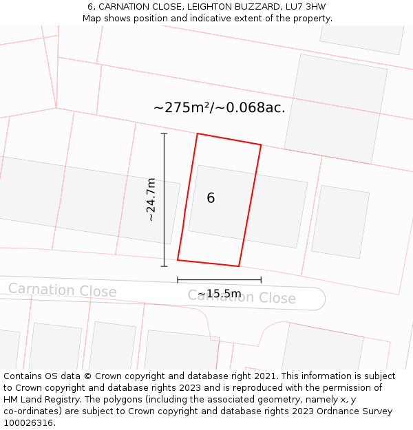 6, CARNATION CLOSE, LEIGHTON BUZZARD, LU7 3HW: Plot and title map