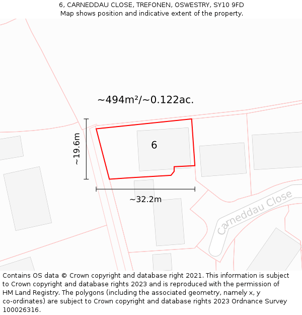 6, CARNEDDAU CLOSE, TREFONEN, OSWESTRY, SY10 9FD: Plot and title map