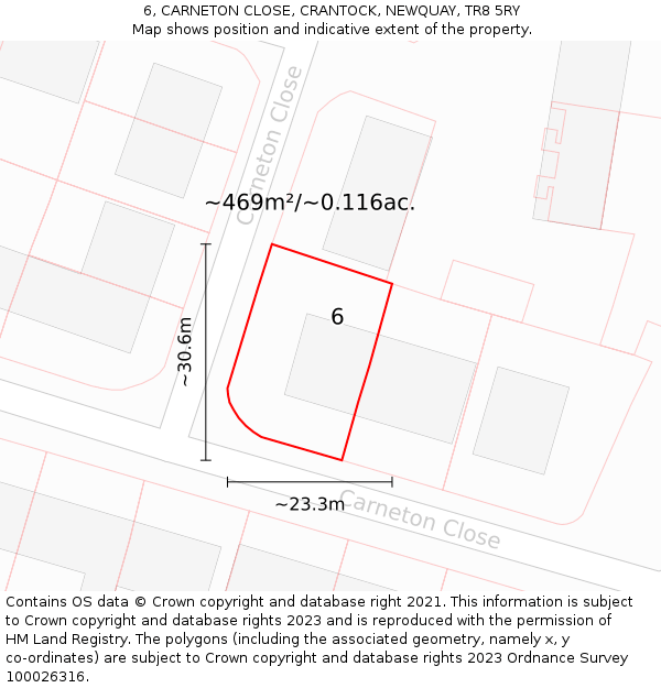 6, CARNETON CLOSE, CRANTOCK, NEWQUAY, TR8 5RY: Plot and title map