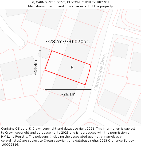 6, CARNOUSTIE DRIVE, EUXTON, CHORLEY, PR7 6FR: Plot and title map