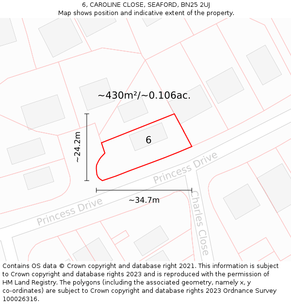 6, CAROLINE CLOSE, SEAFORD, BN25 2UJ: Plot and title map