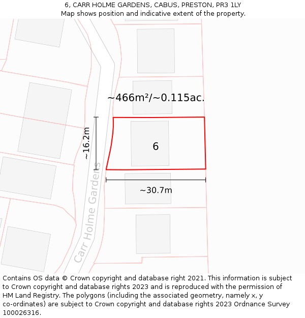 6, CARR HOLME GARDENS, CABUS, PRESTON, PR3 1LY: Plot and title map