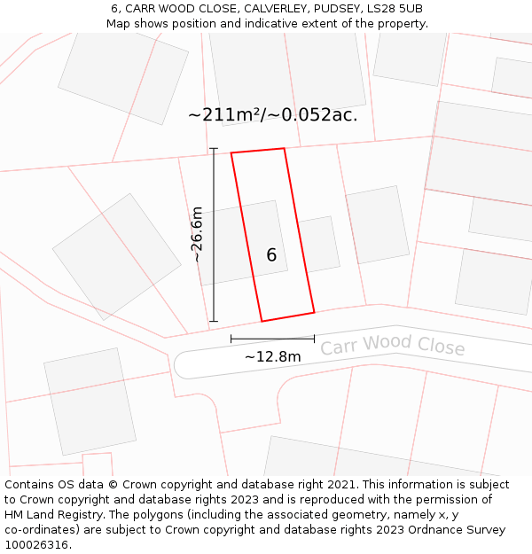 6, CARR WOOD CLOSE, CALVERLEY, PUDSEY, LS28 5UB: Plot and title map