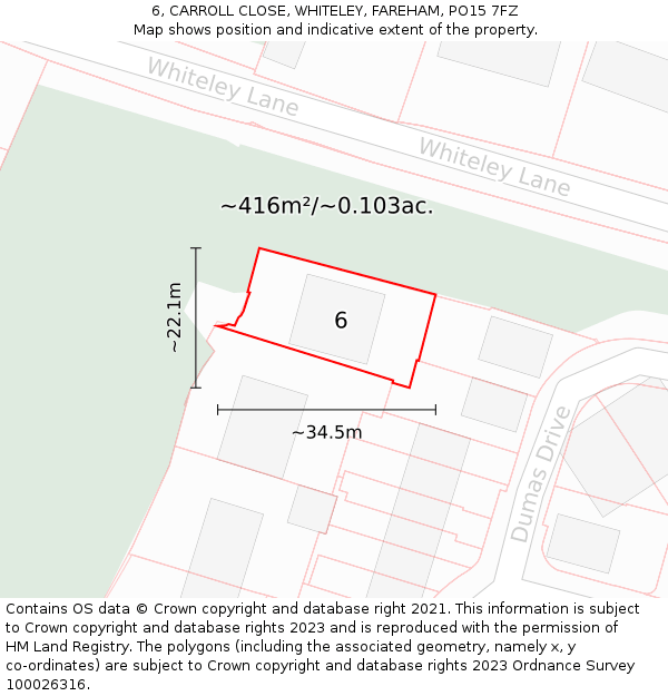 6, CARROLL CLOSE, WHITELEY, FAREHAM, PO15 7FZ: Plot and title map